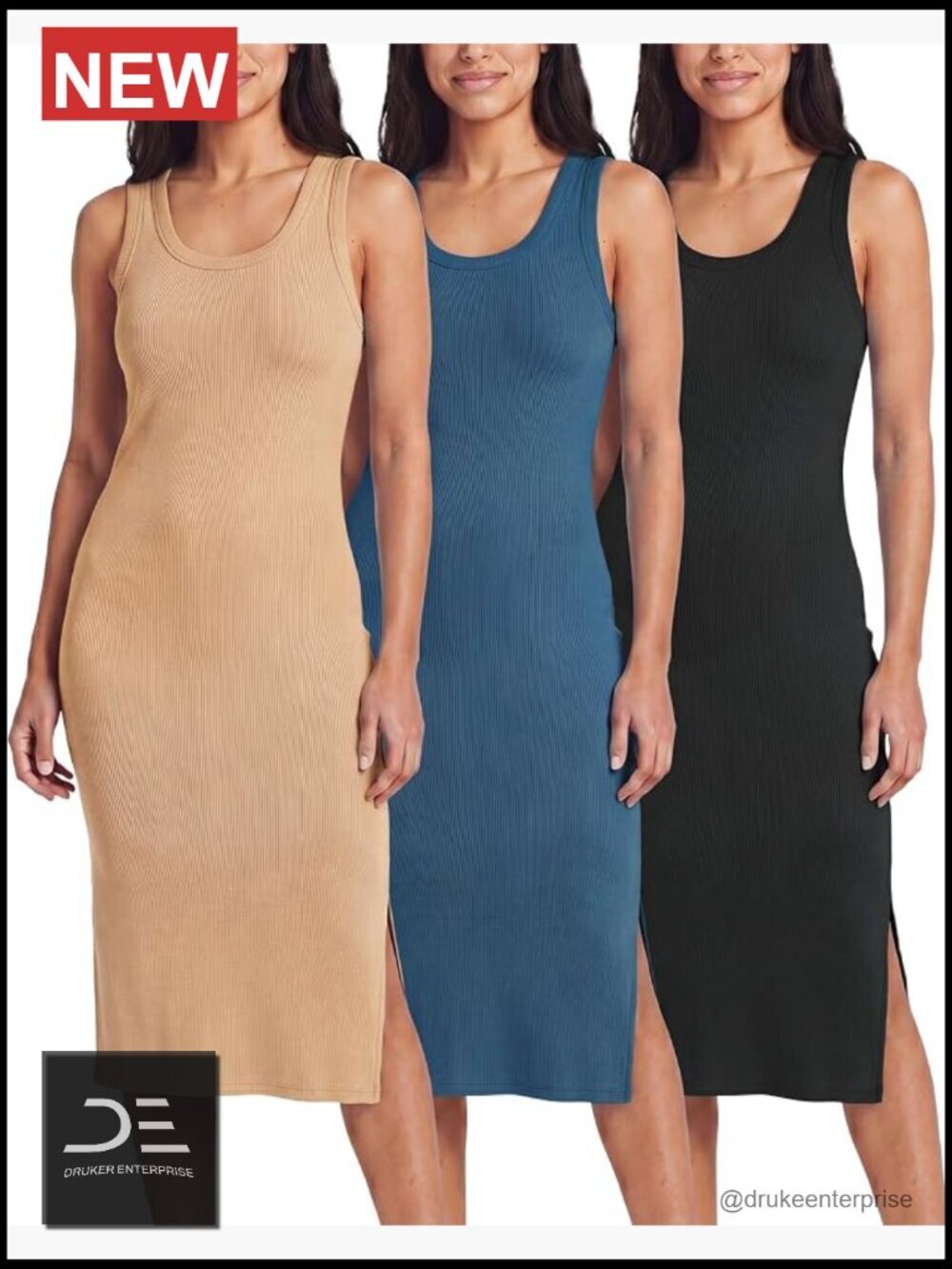 3 Pack Ribbed Knit Sleeveless Crew Neck Midi Shift Dresses with Slit
